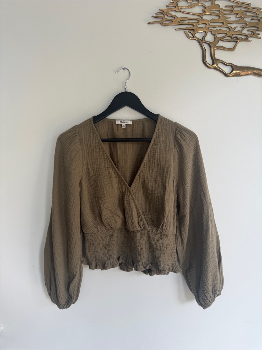 Madewell wrap front smocked long sleeve top in Olive
